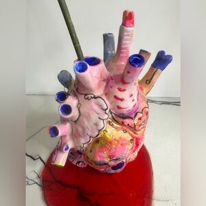 Handpainted anatomical human heart with little resin base sculpture vase